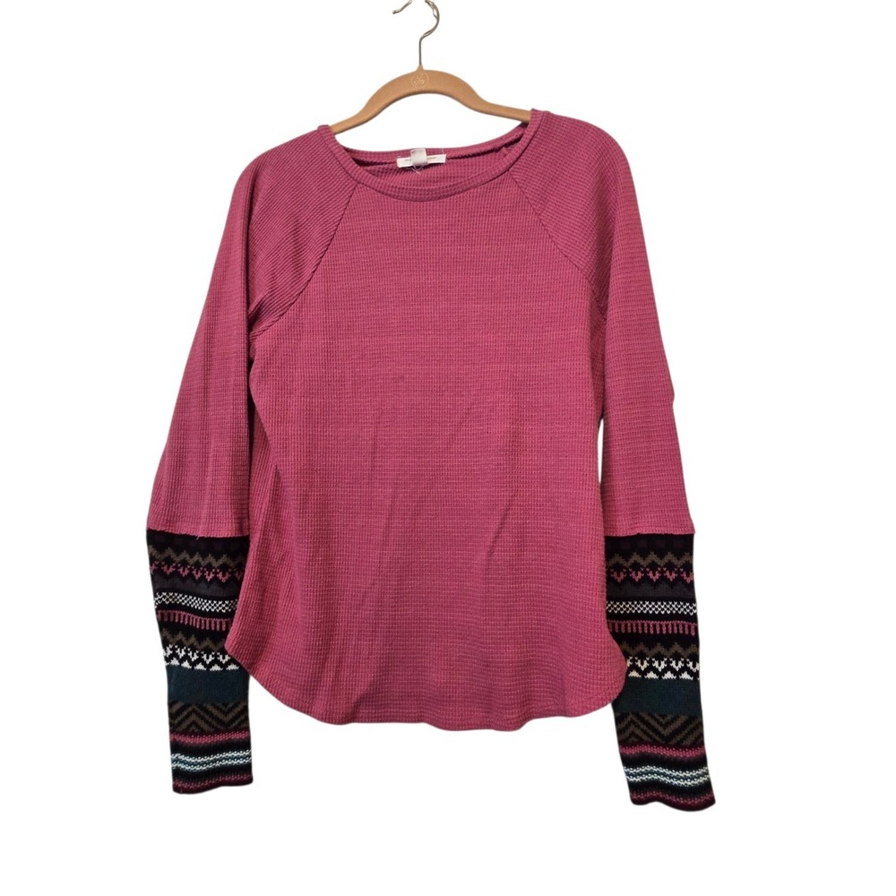 Beach Lunch Lounge Waffle Knit Top Aztec Cuffs Women's M Pink Thermal Western